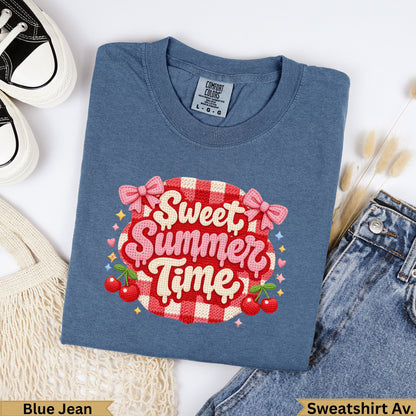 Blue t-shirt with "Sweet Summer Time" text, cherries, and bows graphic.