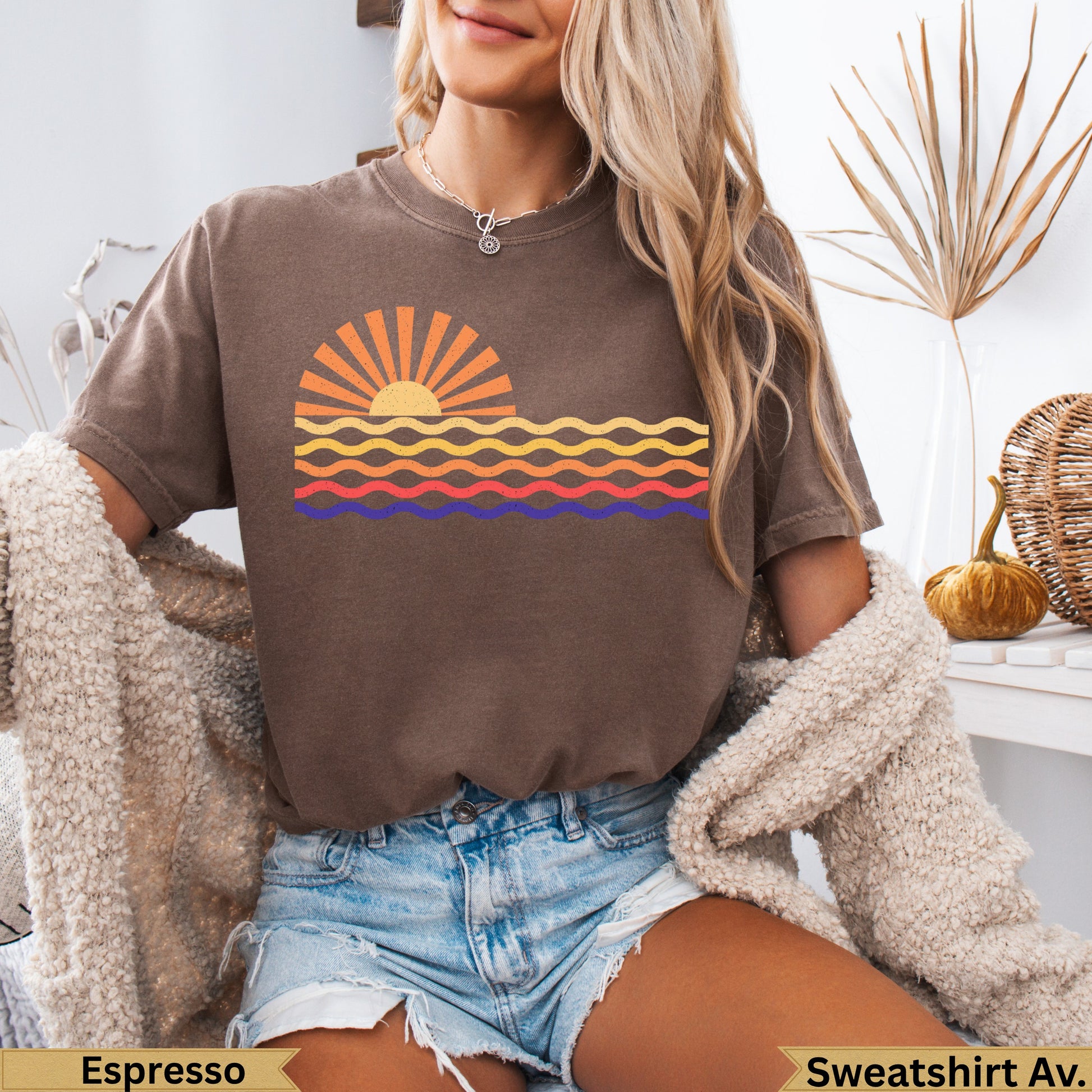 Brown crewneck sweatshirt with sunset waves graphic and "Espresso" text.