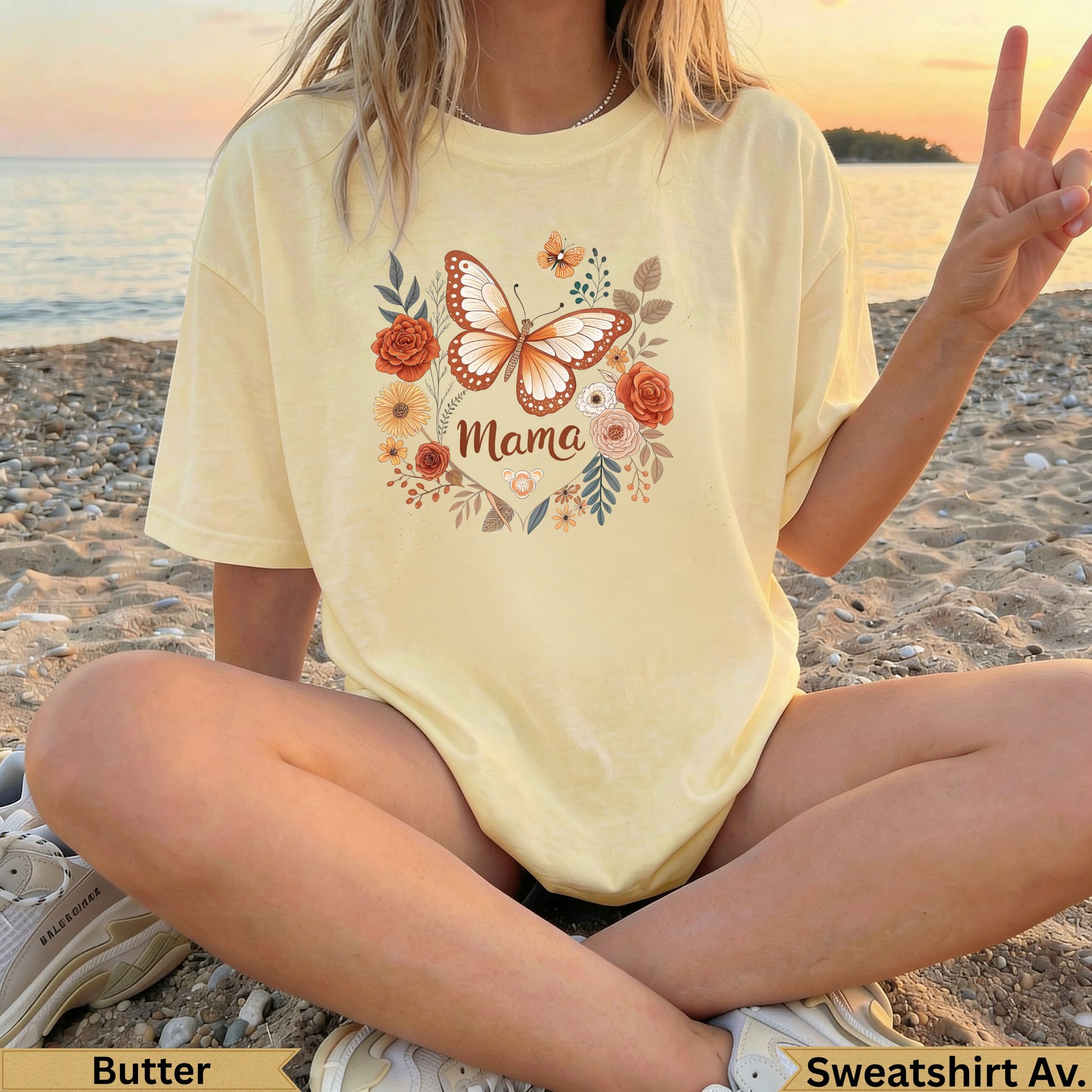 Light yellow t-shirt with butterfly, floral, and "Mama" graphic.