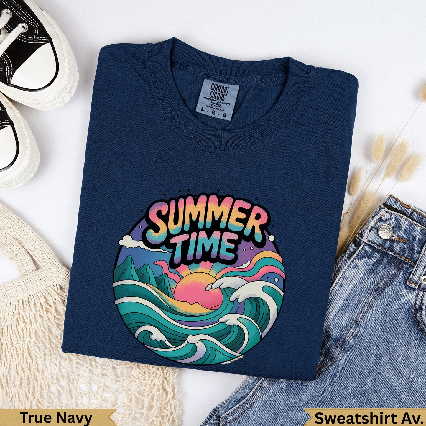 Navy crewneck sweatshirt with "Summer Time" graphic featuring waves and sun.