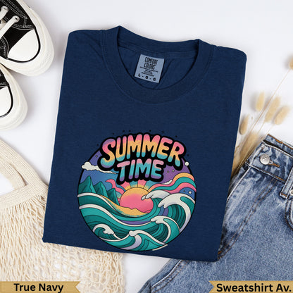 Navy crewneck sweatshirt with "Summer Time" graphic featuring waves and sun.