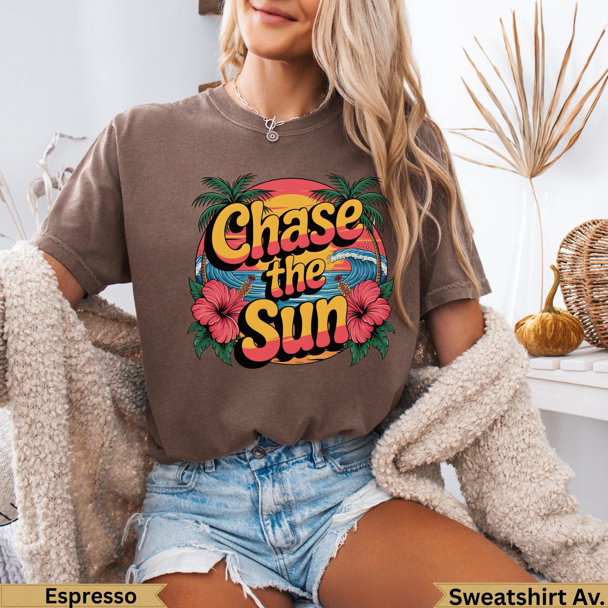 Brown t-shirt with "Chase the Sun" text, palm trees, and waves graphic.
