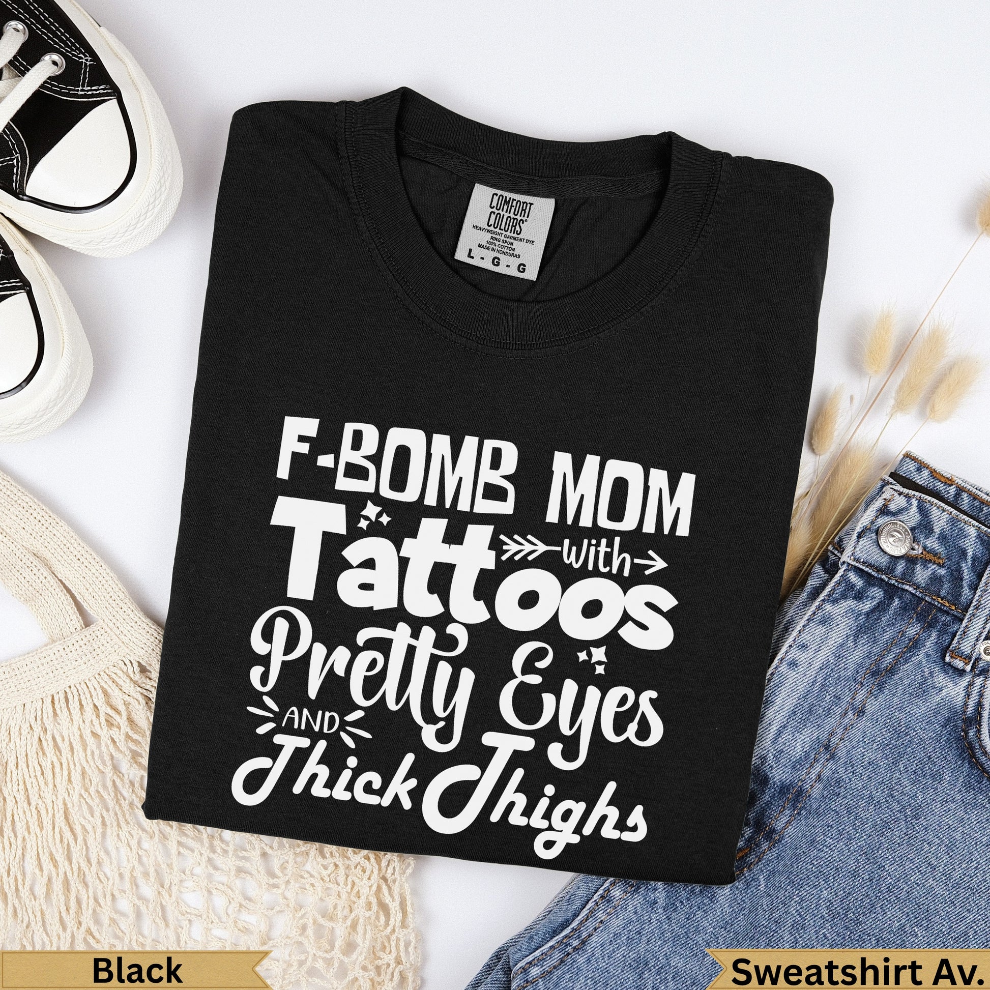 Black Comfort Colors t-shirt with "F-Bomb Mom" graphic.