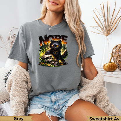 Grey t-shirt with black cat, skull, coins, and "NOPE" text.