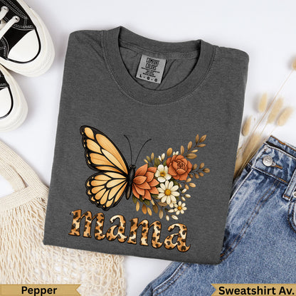 Dark grey sweatshirt with "mama" and butterfly graphic, shown with jeans.