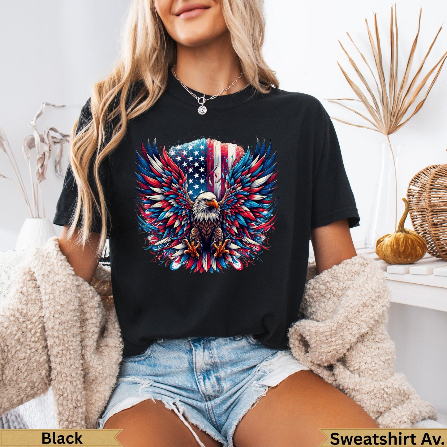 Black t-shirt with patriotic eagle and American flag graphic.