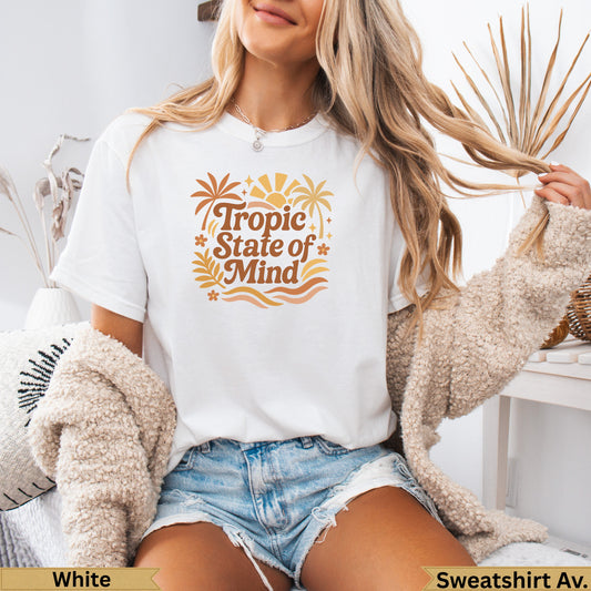 White graphic t-shirt with "Tropic State of Mind" text and tropical imagery.