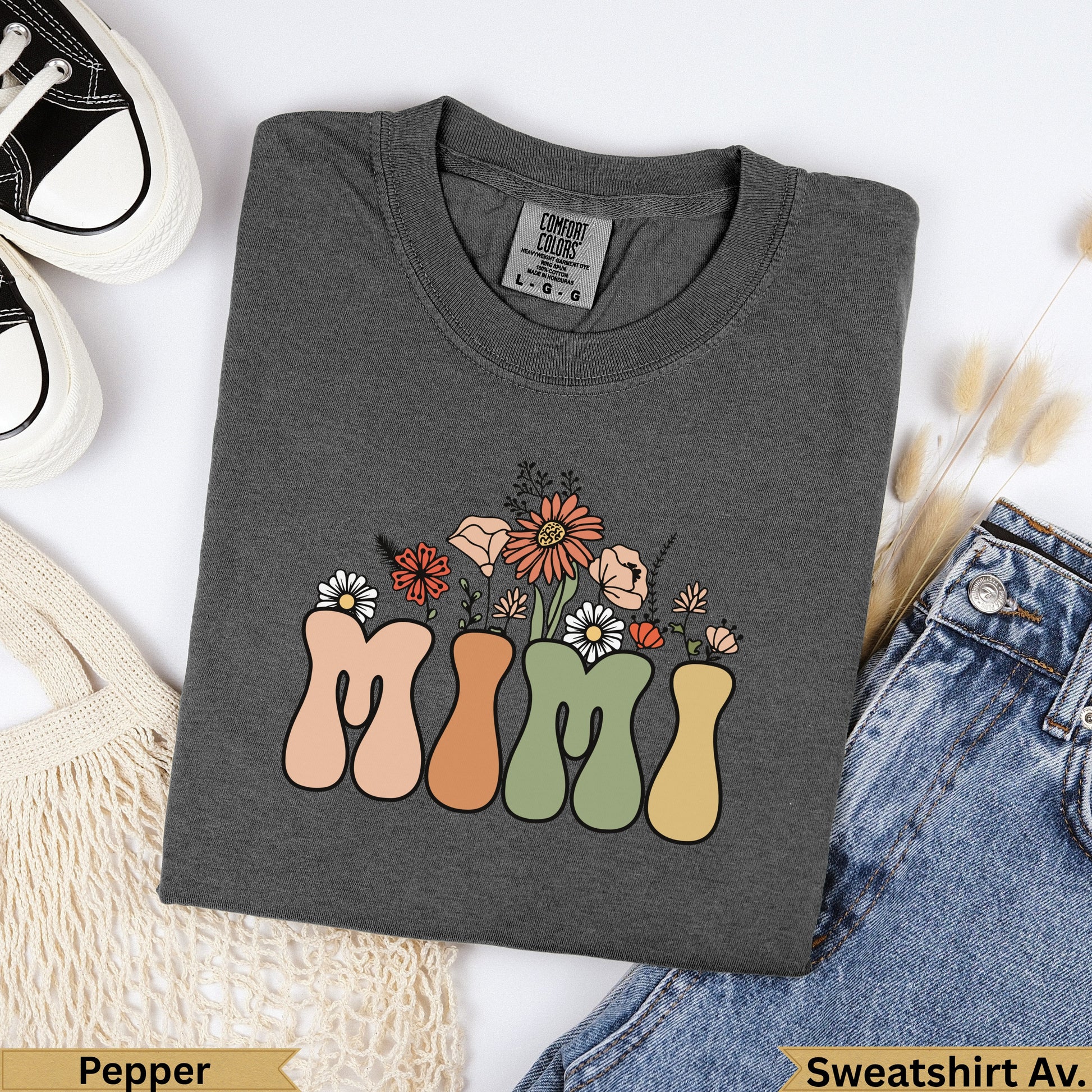 Dark grey sweatshirt with "MIMI" and floral design, "Pepper" color.