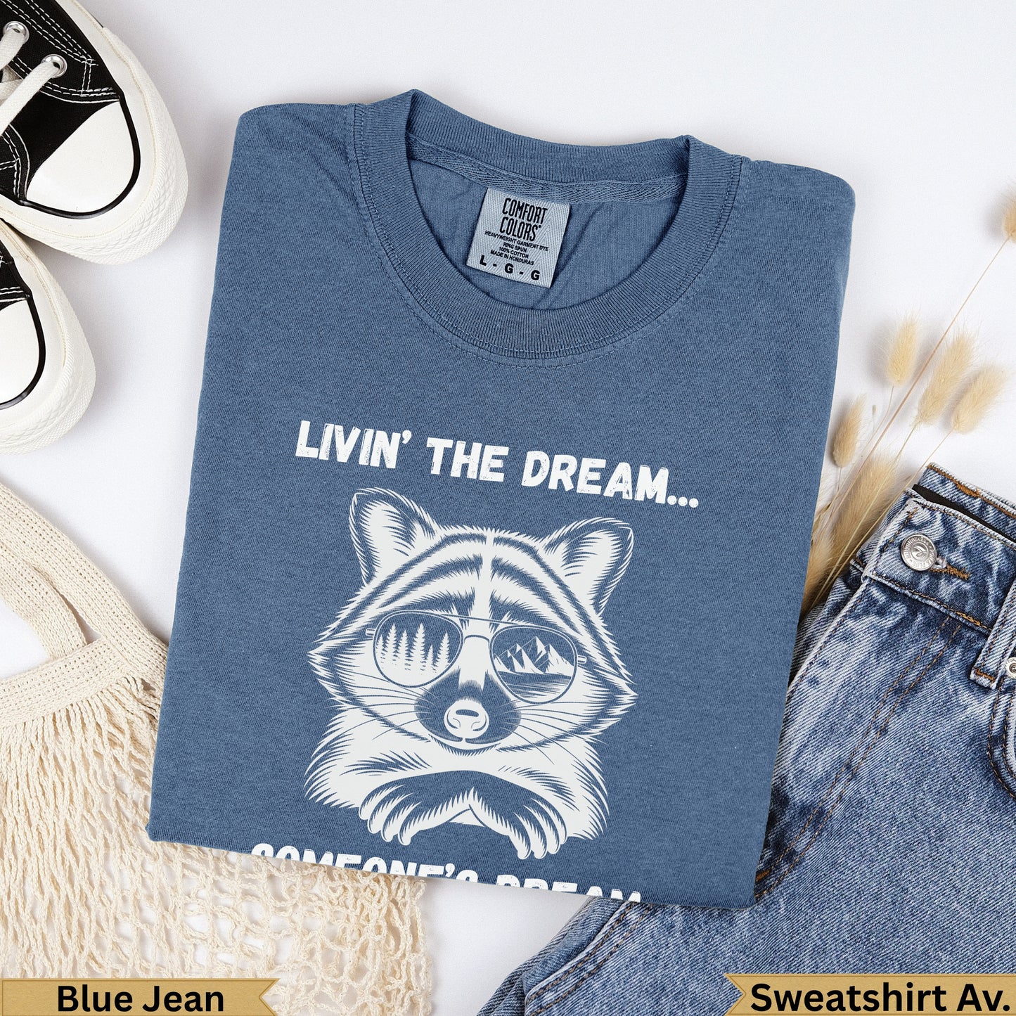 Raccoon wearing sunglasses with "Livin' the Dream" text, Comfort Colors shirt.