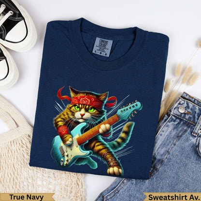 Tabby cat wearing bandana and playing electric guitar, true navy sweatshirt.