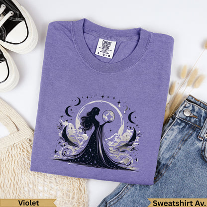 Lavender Comfort Colors sweatshirt with celestial woman graphic and text.