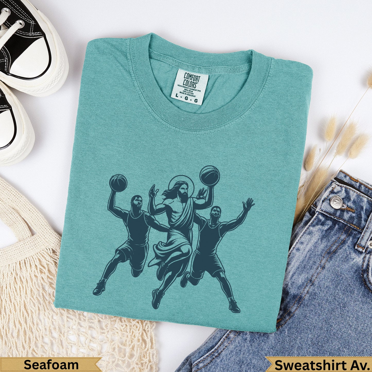 Jesus playing basketball with two men, "Seafoam Sweatshirt Av."