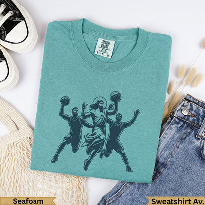 Jesus playing basketball with two men, "Seafoam Sweatshirt Av."