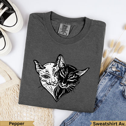 Dark grey Comfort Colors t-shirt with split cat face design.