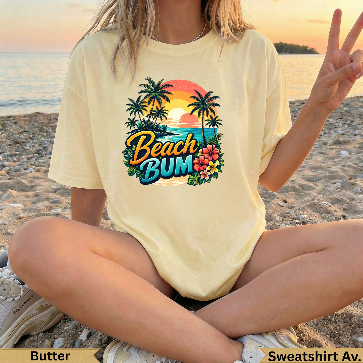 Yellow t-shirt with "Beach Bum" text and tropical sunset design.