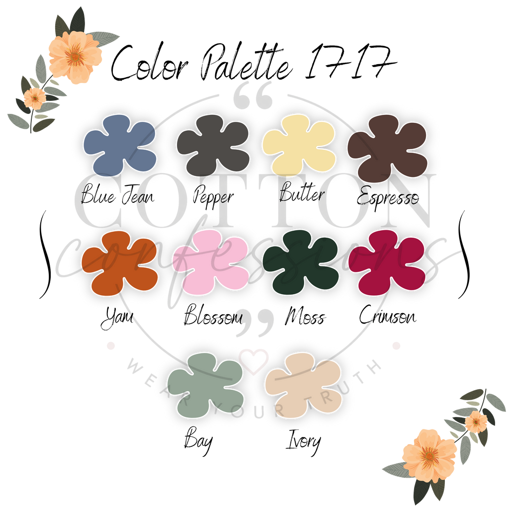 Color Palette 1717 with swatches labeled Blue Jean, Pepper, Butter, Espresso, Yam, Blossom, Moss, Crimson, Bay, Ivory.
