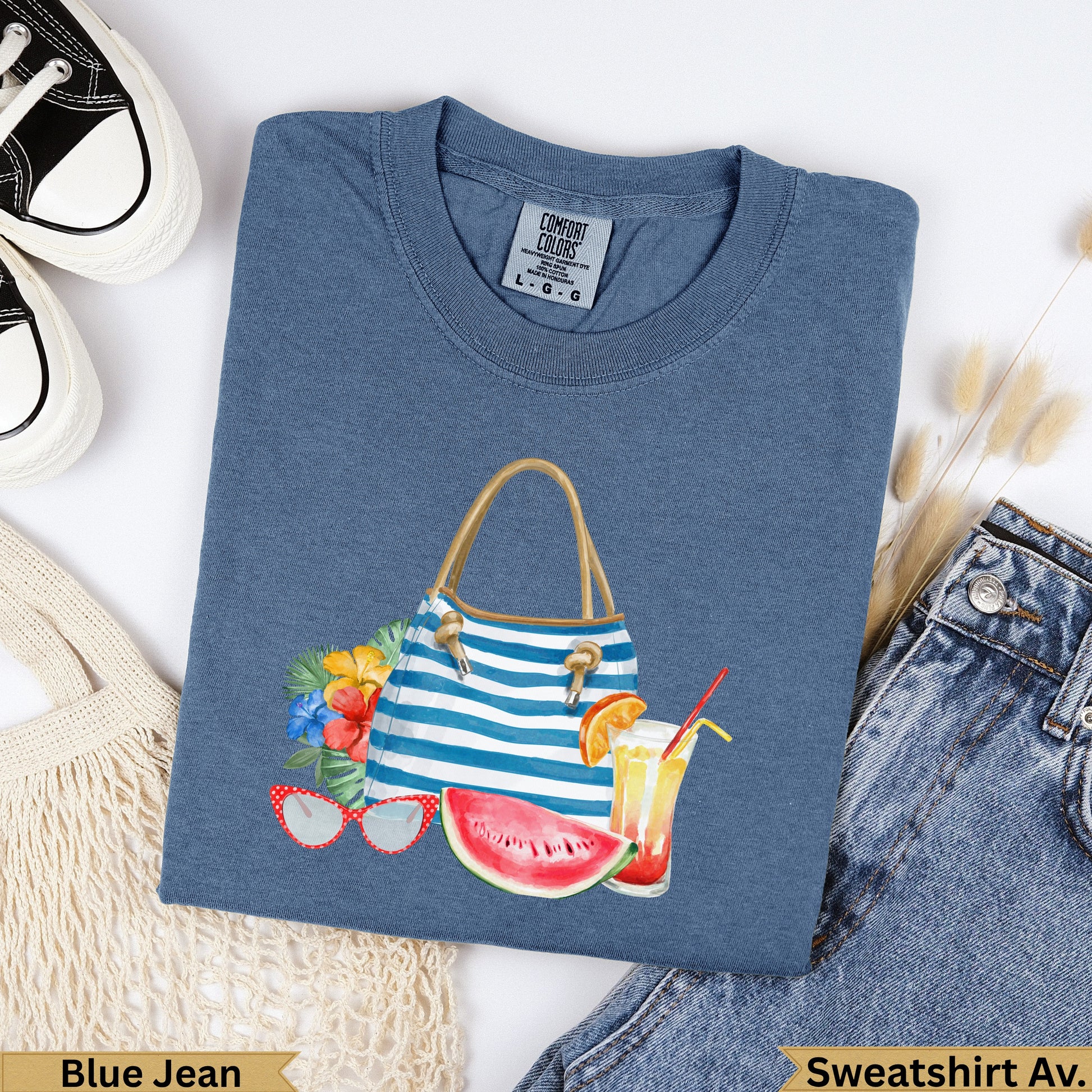 Blue jean Comfort Colors t-shirt with beach bag, sunglasses, and watermelon graphic.