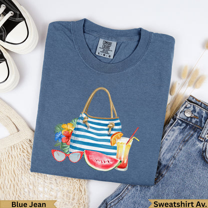 Blue jean Comfort Colors t-shirt with beach bag, sunglasses, and watermelon graphic.