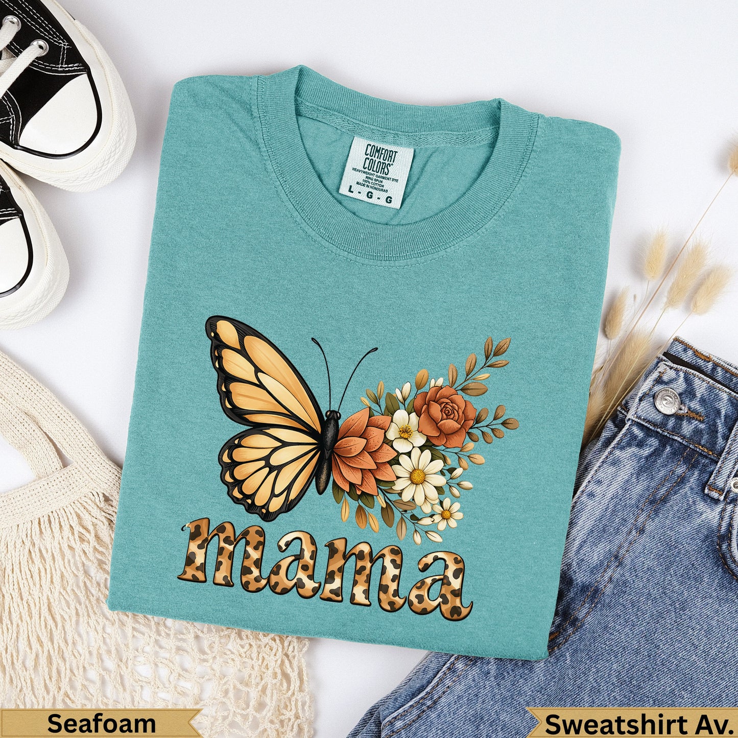 Teal comfort colors sweatshirt with "mama" in leopard print and floral design.