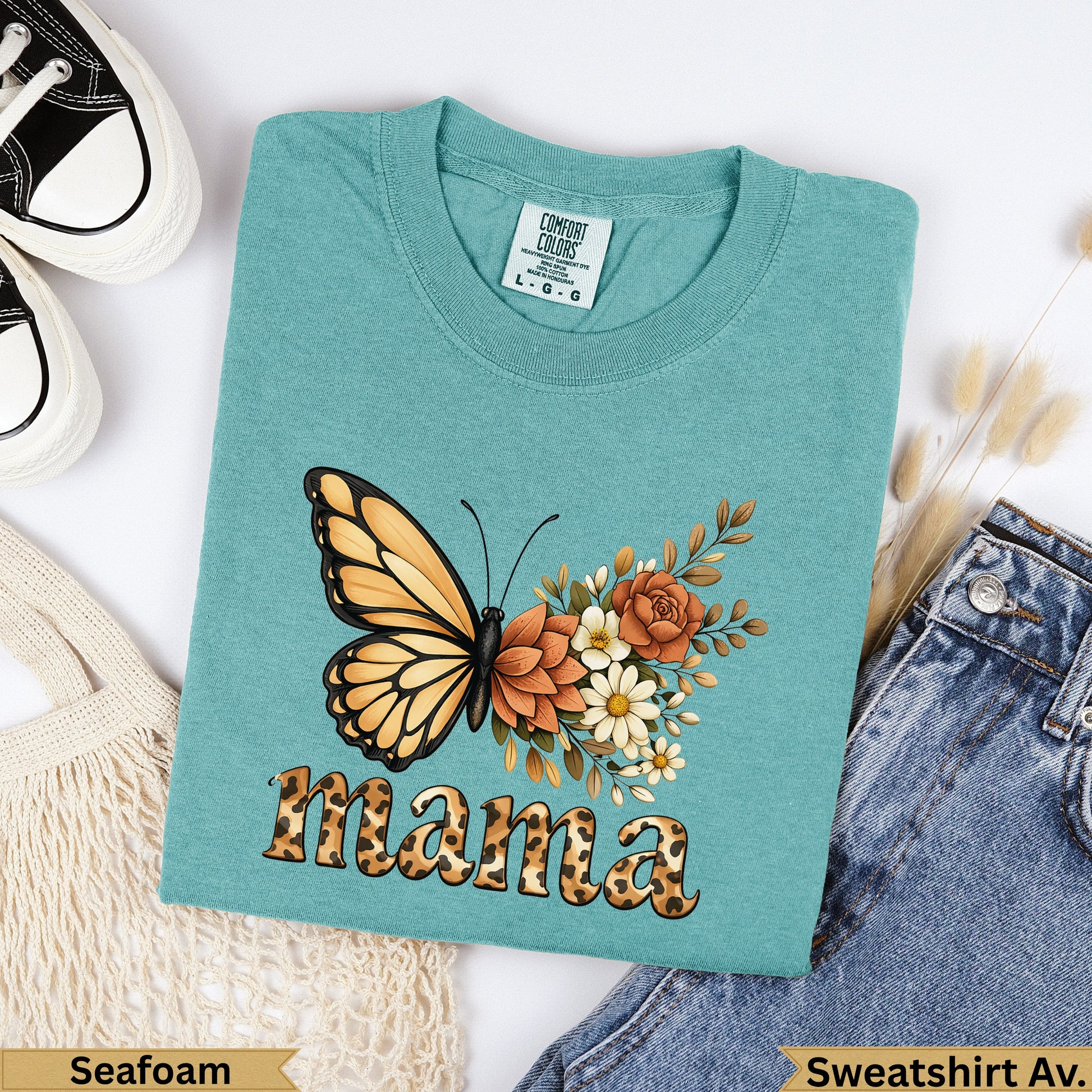 Teal comfort colors sweatshirt with "mama" in leopard print and floral design.