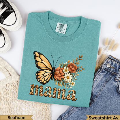 Teal comfort colors sweatshirt with "mama" in leopard print and floral design.