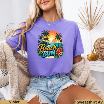 Purple t-shirt with "Beach Bum" text, palm trees, and sunset graphic.