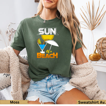 Green t-shirt with "SUN OF A BEACH" text, cocktail, and umbrella.