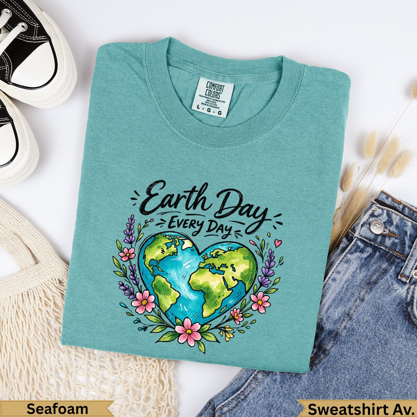 Teal "Earth Day Every Day" t-shirt with a heart-shaped Earth and floral border.