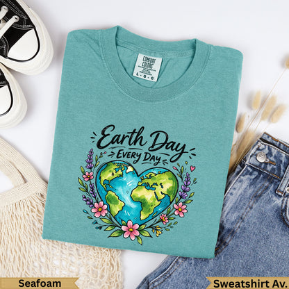 Teal "Earth Day Every Day" t-shirt with a heart-shaped Earth and floral border.