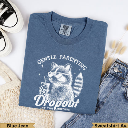 Blue Jean Comfort Colors heavyweight garment dye sweatshirt featuring a raccoon with sunglasses.