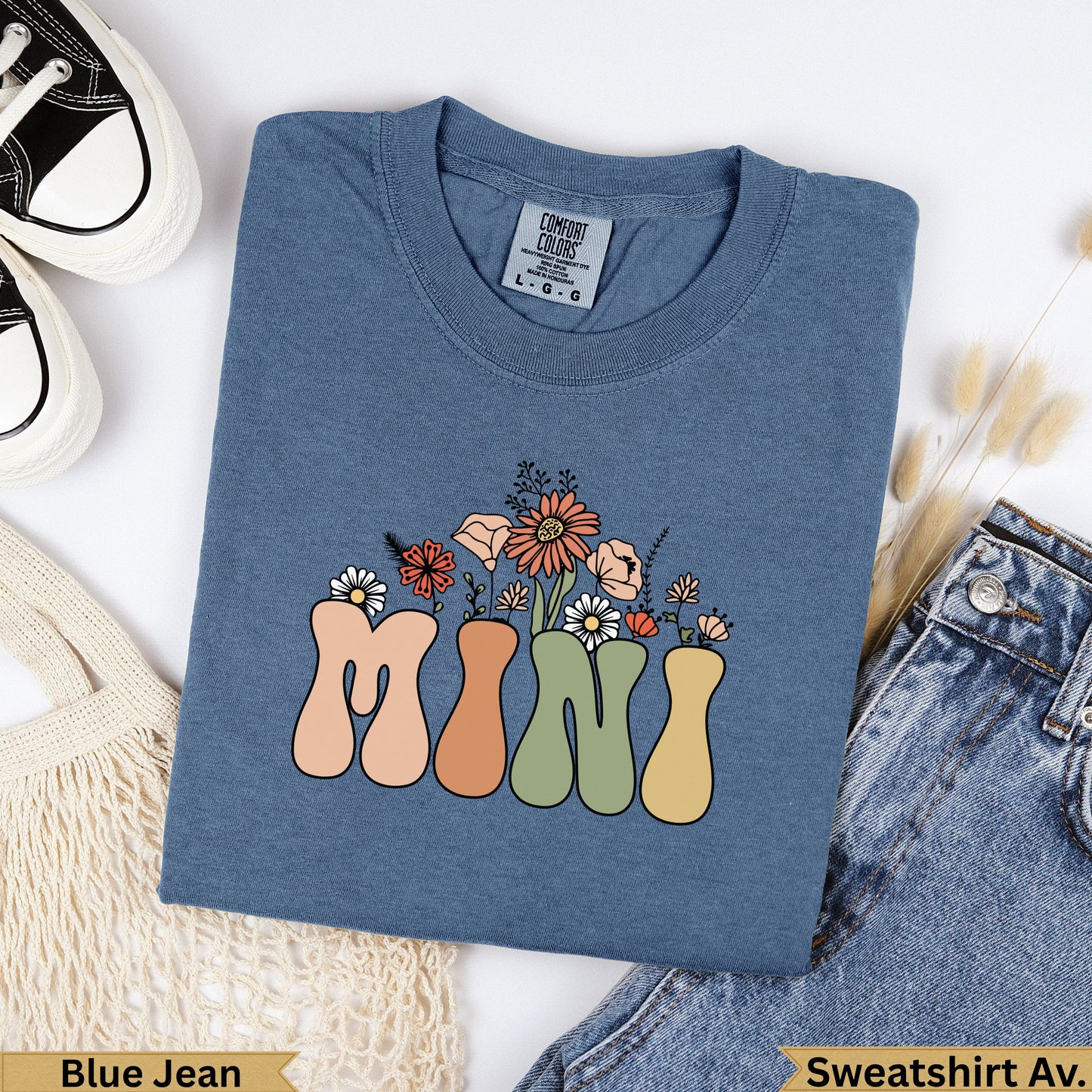 Blue Jean Comfort Colors sweatshirt with "MINI" in retro font and floral accents.
