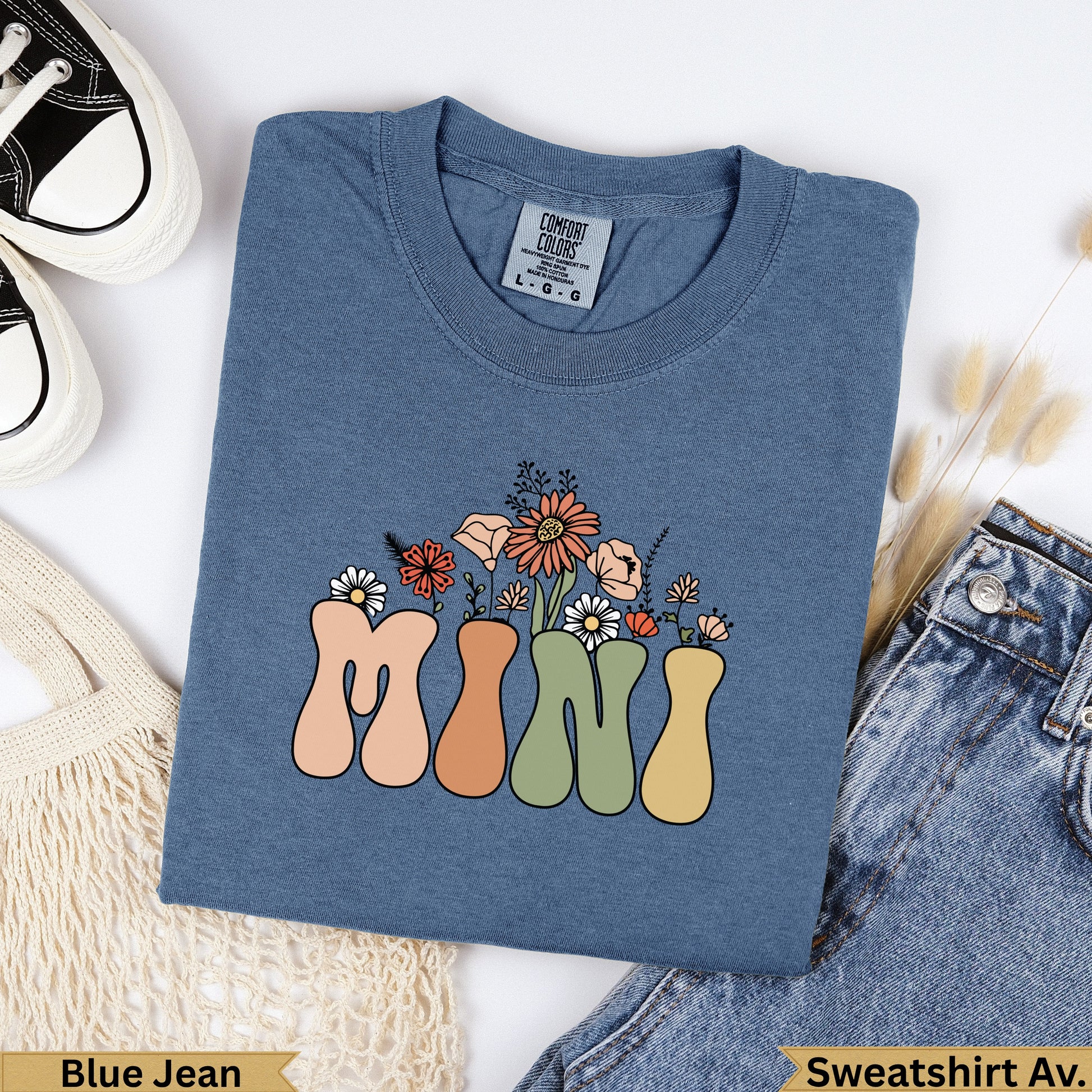Blue Jean Comfort Colors sweatshirt with "MINI" in retro font and floral accents.