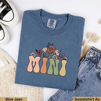 Blue Jean Comfort Colors sweatshirt with "MINI" in retro font and floral accents.
