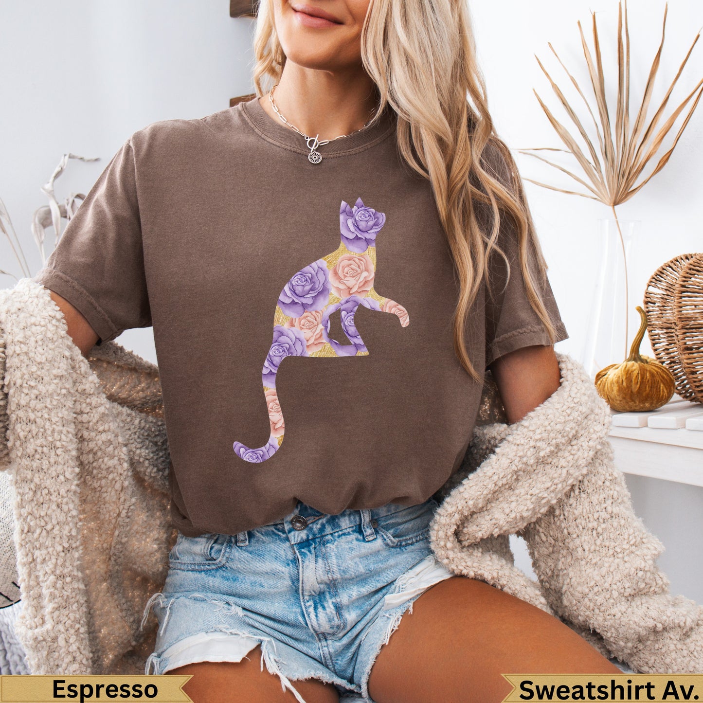 Brown sweatshirt with a floral cat graphic, "Espresso" and "Sweatshirt Av." text.