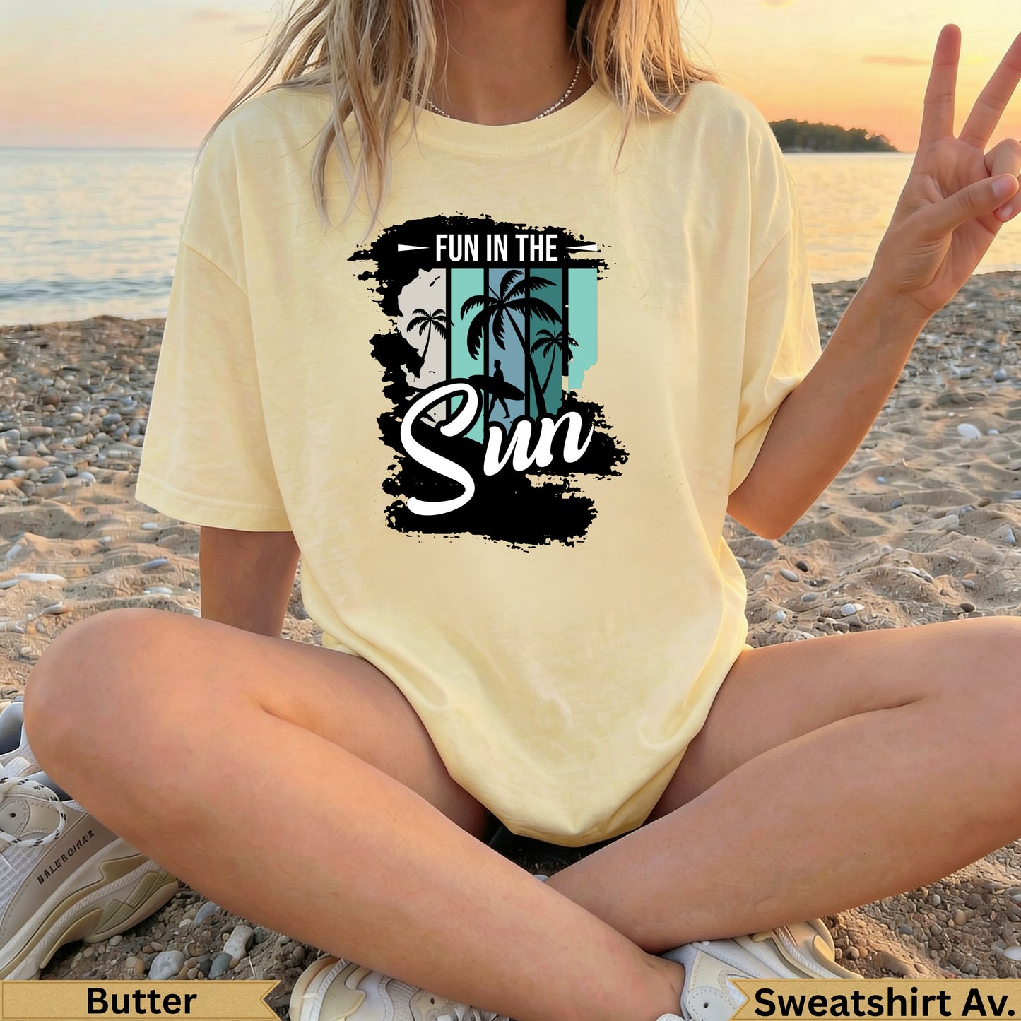 Yellow t-shirt with "Fun in the Sun" text and palm trees graphic.