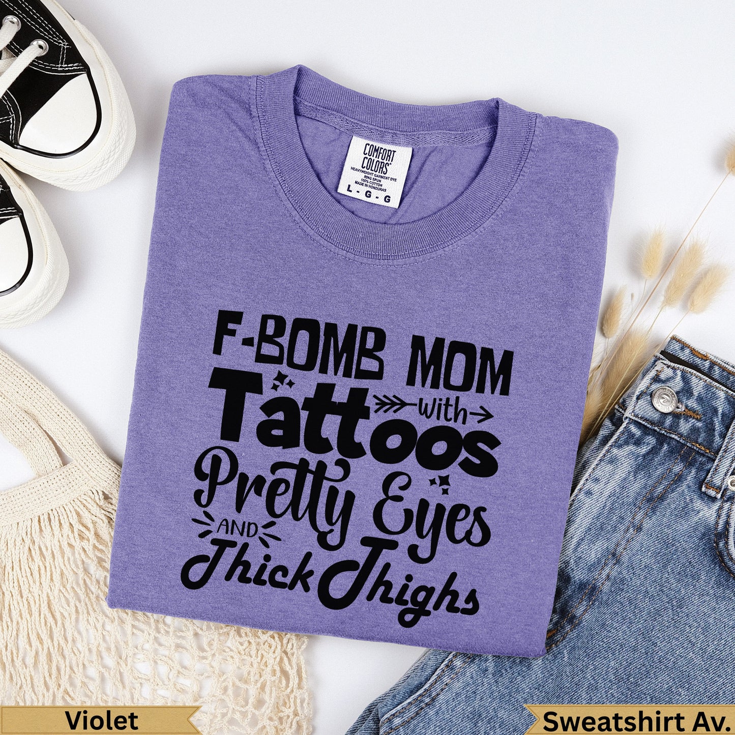 Lavender Comfort Colors t-shirt with "F-BOMB MOM" graphic.