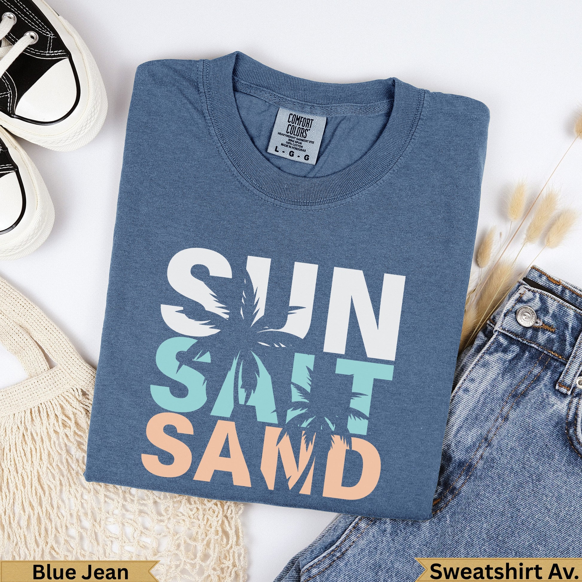 Blue Jean Comfort Colors t-shirt with "Sun Salt Sand" graphic.
