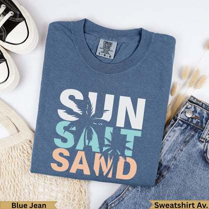Blue Jean Comfort Colors t-shirt with "Sun Salt Sand" graphic.
