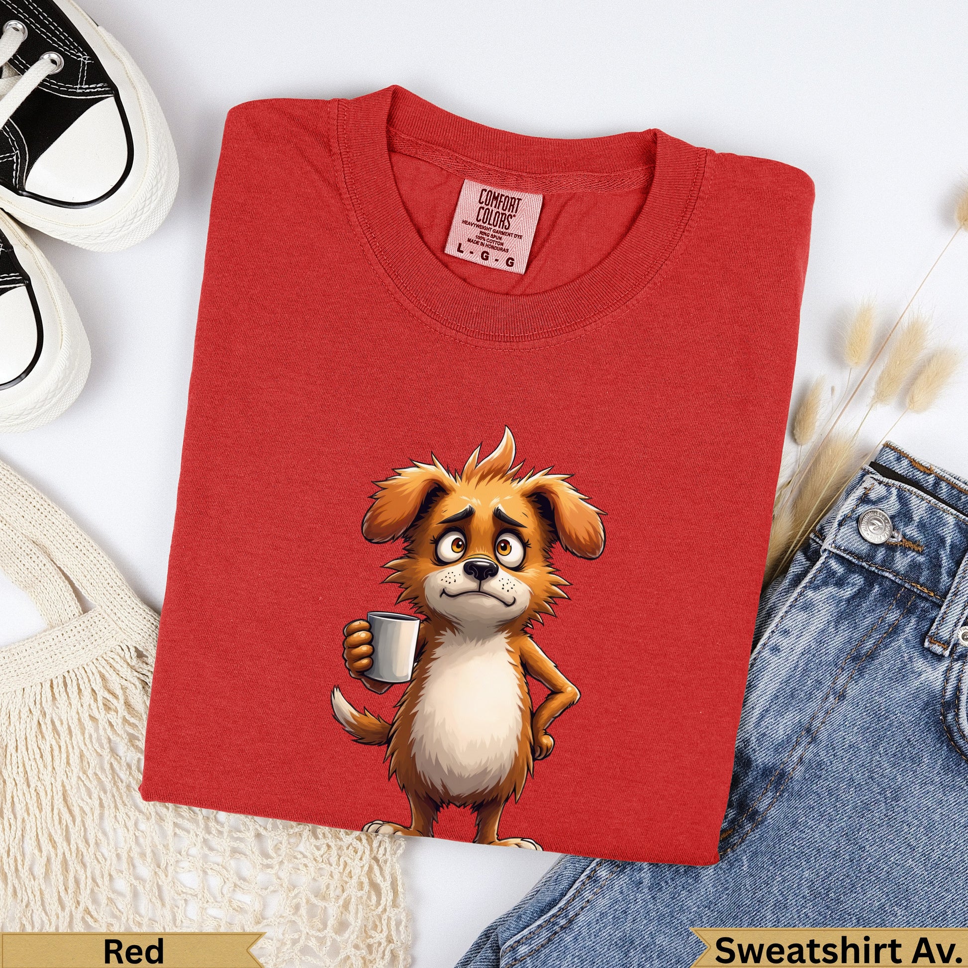 Red crewneck t-shirt with cartoon dog holding coffee mug.