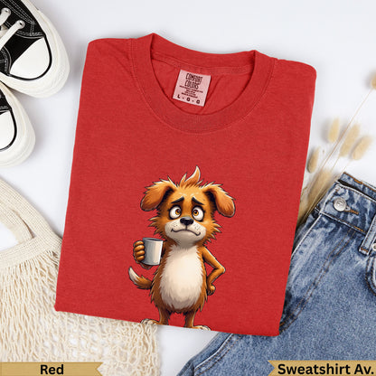 Red crewneck t-shirt with cartoon dog holding coffee mug.