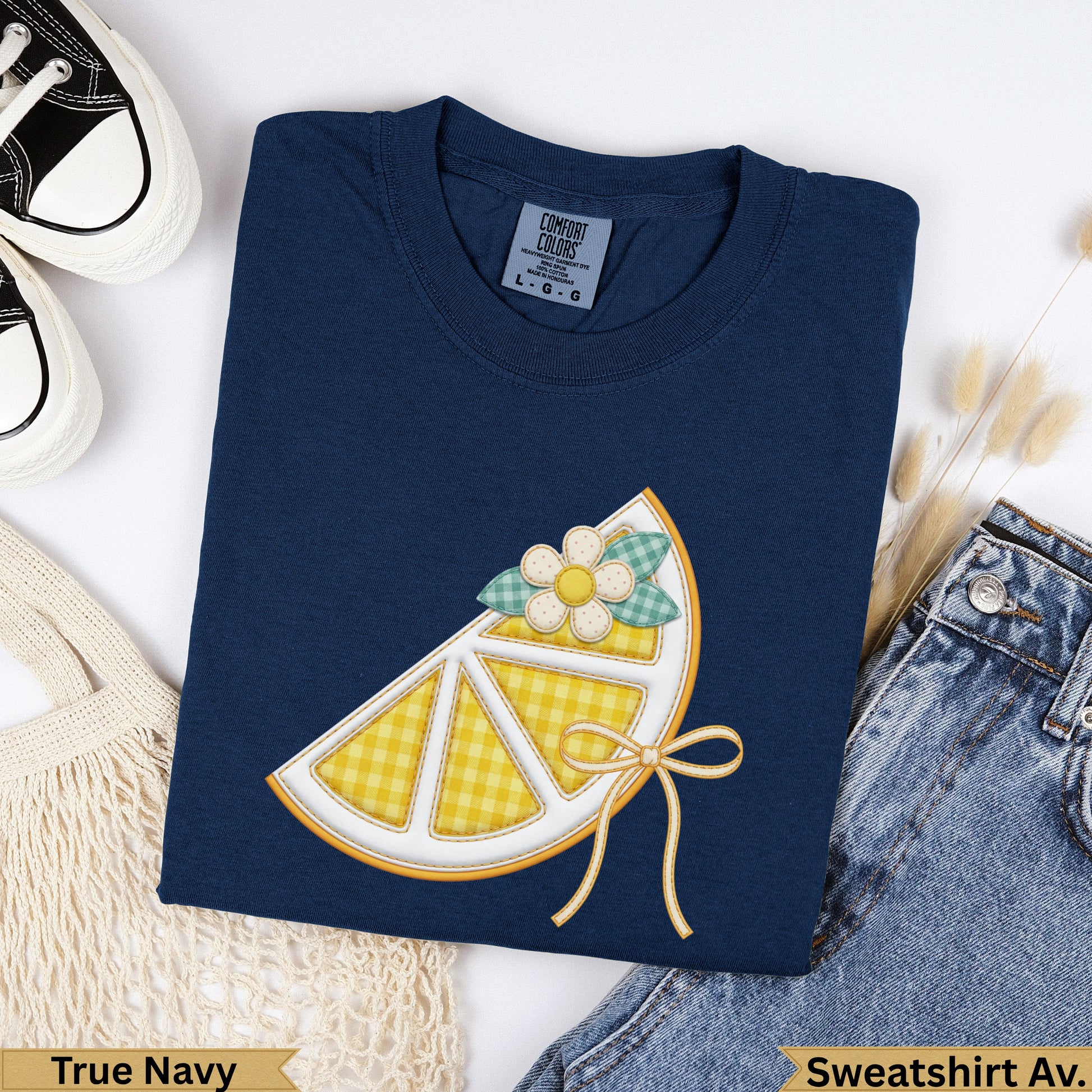 Navy Comfort Colors sweatshirt with a lemon slice graphic and "True Navy" text.