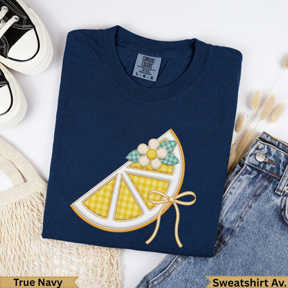 Navy Comfort Colors sweatshirt with a lemon slice graphic and "True Navy" text.