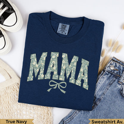 Navy Comfort Colors sweatshirt with "MAMA" in floral print and a bow graphic.