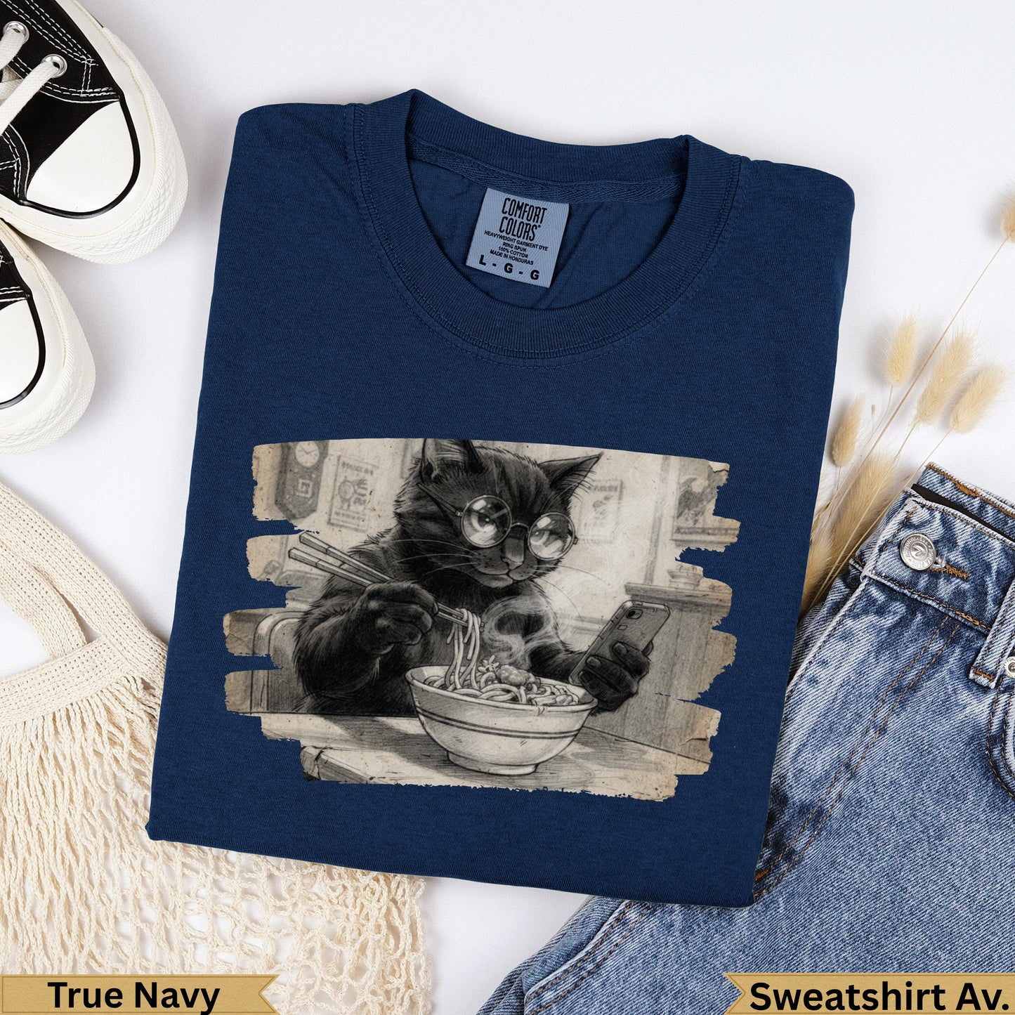 Black cat wearing glasses eats noodles while looking at phone.