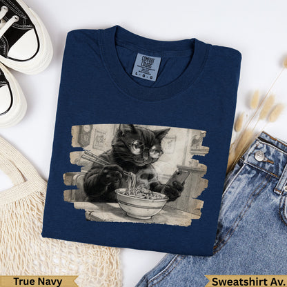 Black cat wearing glasses eats noodles while looking at phone.