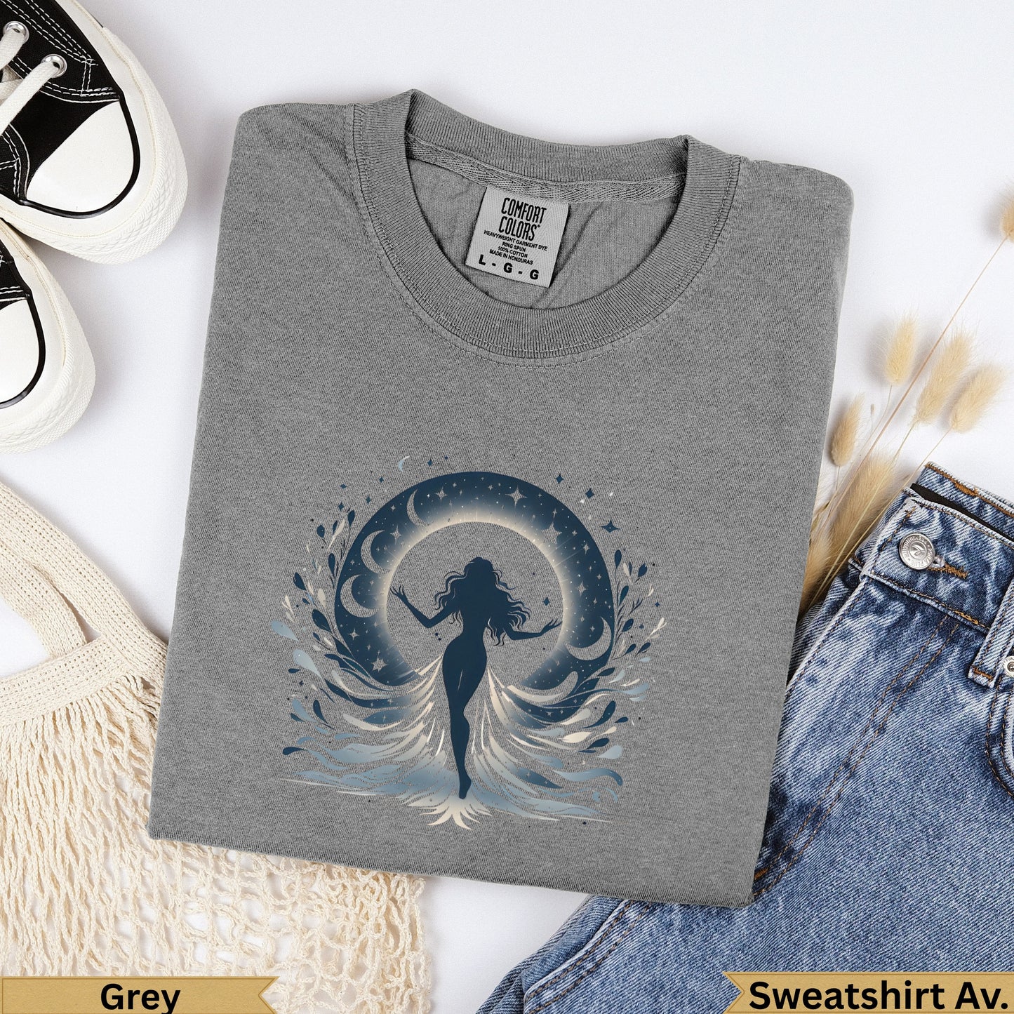 Grey Comfort Colors sweatshirt with a celestial woman and moon design.