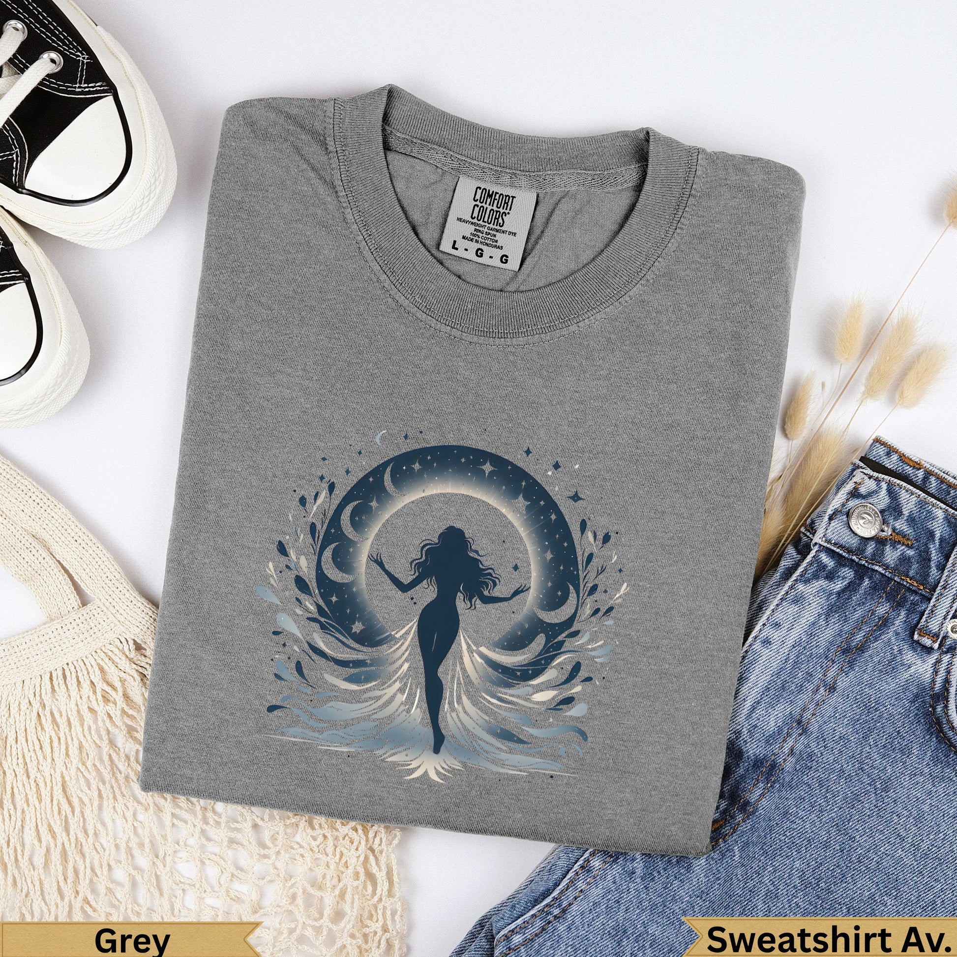 Grey Comfort Colors sweatshirt with a celestial woman and moon design.