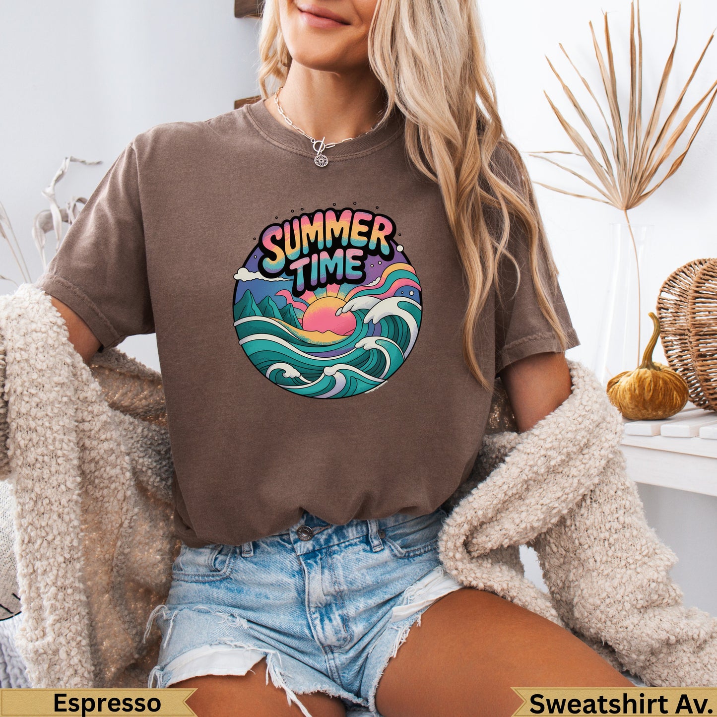 Brown t-shirt with "Summer Time" text and colorful ocean waves graphic.