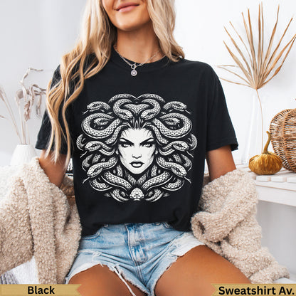 Black t-shirt with Medusa graphic print.
