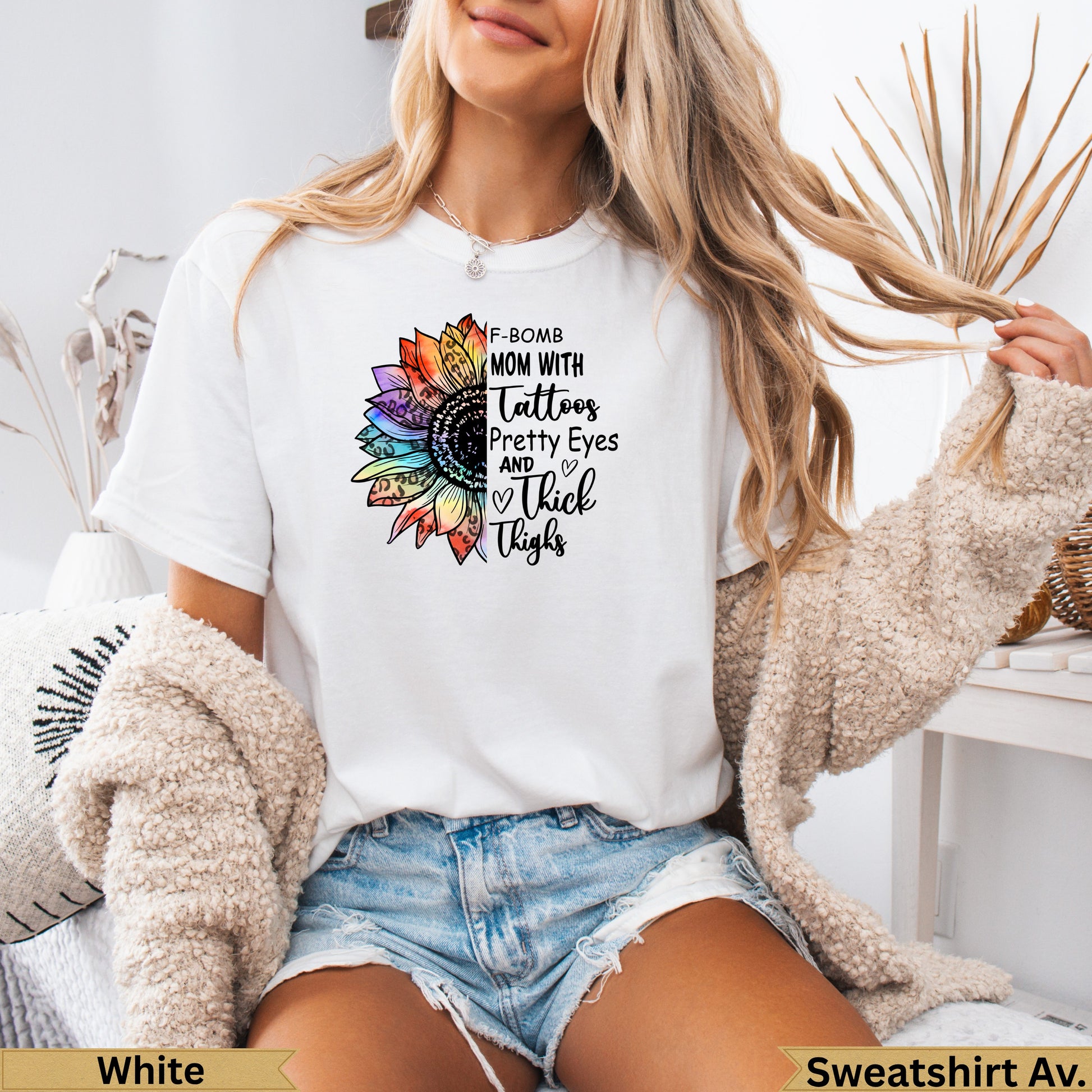 White graphic t-shirt with "F-Bomb Mom" text and sunflower.